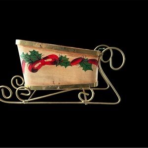 Vintage wooden SledFestive Holiday Sleigh with Holly Design, Christmas